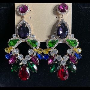 RHINESTONE MULTI COLOR CHANDELIER PIERCED EARRINGS